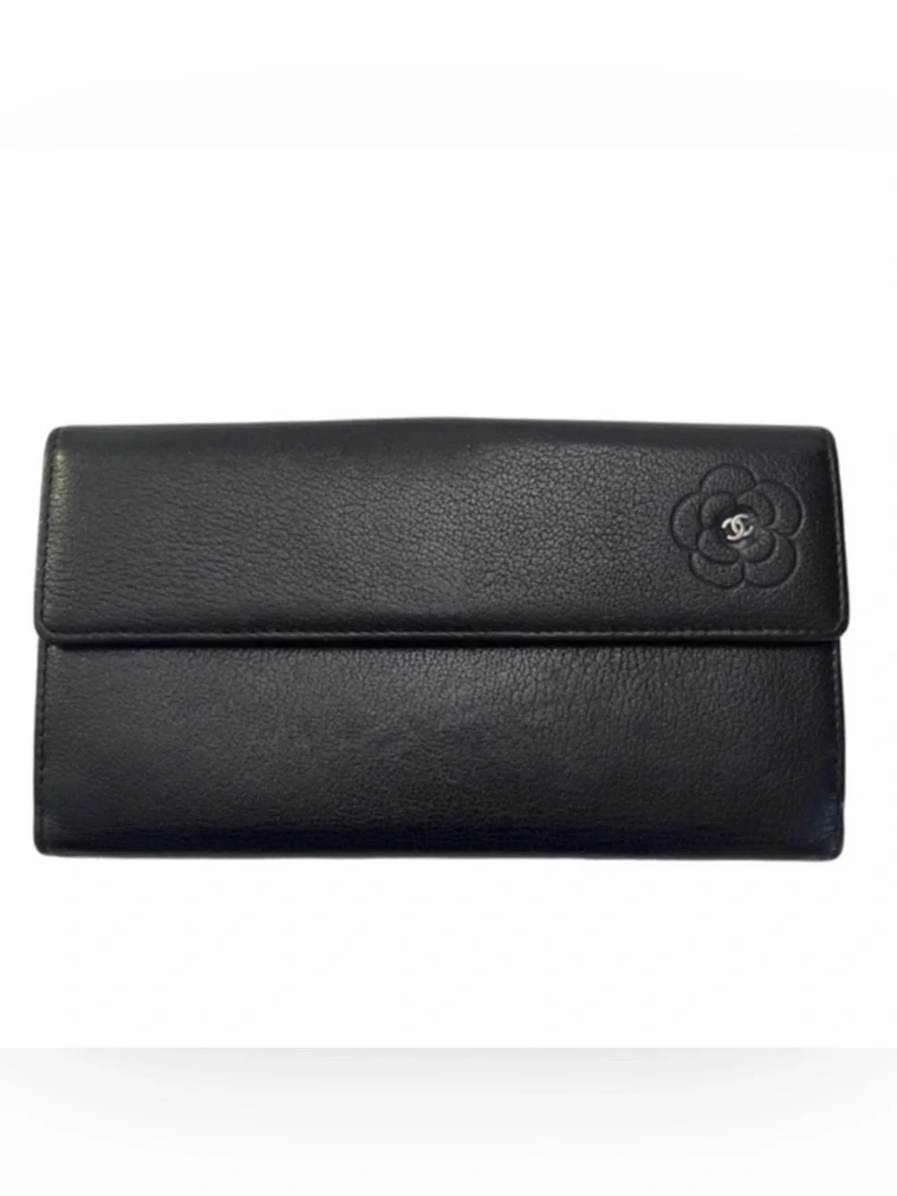 CHANEL Black Leather Camellia Wallet
